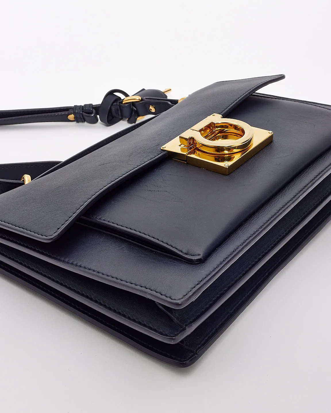 Salvatore Ferragamo Navy Blue Smooth Calfskin Leather Gancini Marisol Satchel