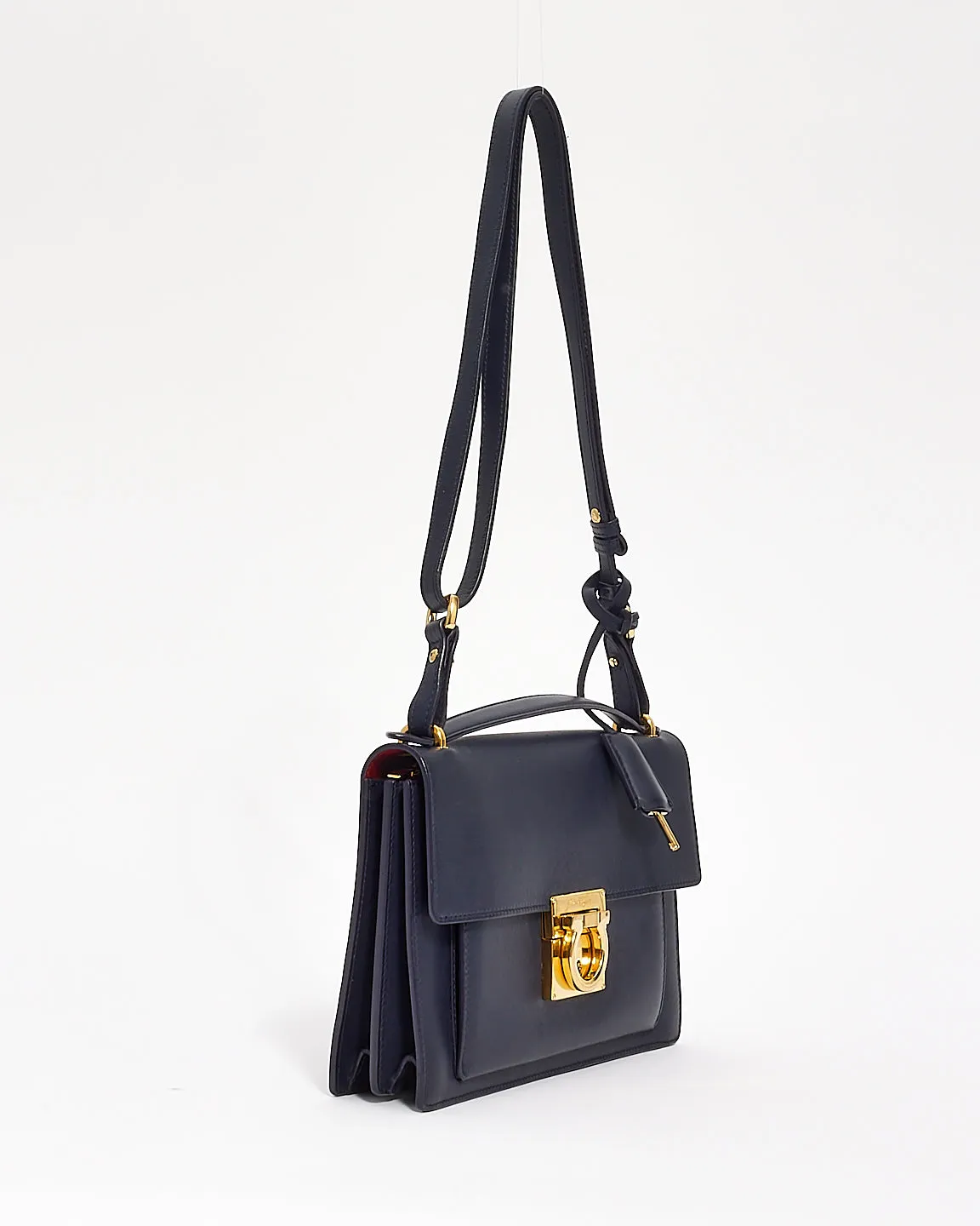 Salvatore Ferragamo Navy Blue Smooth Calfskin Leather Gancini Marisol Satchel