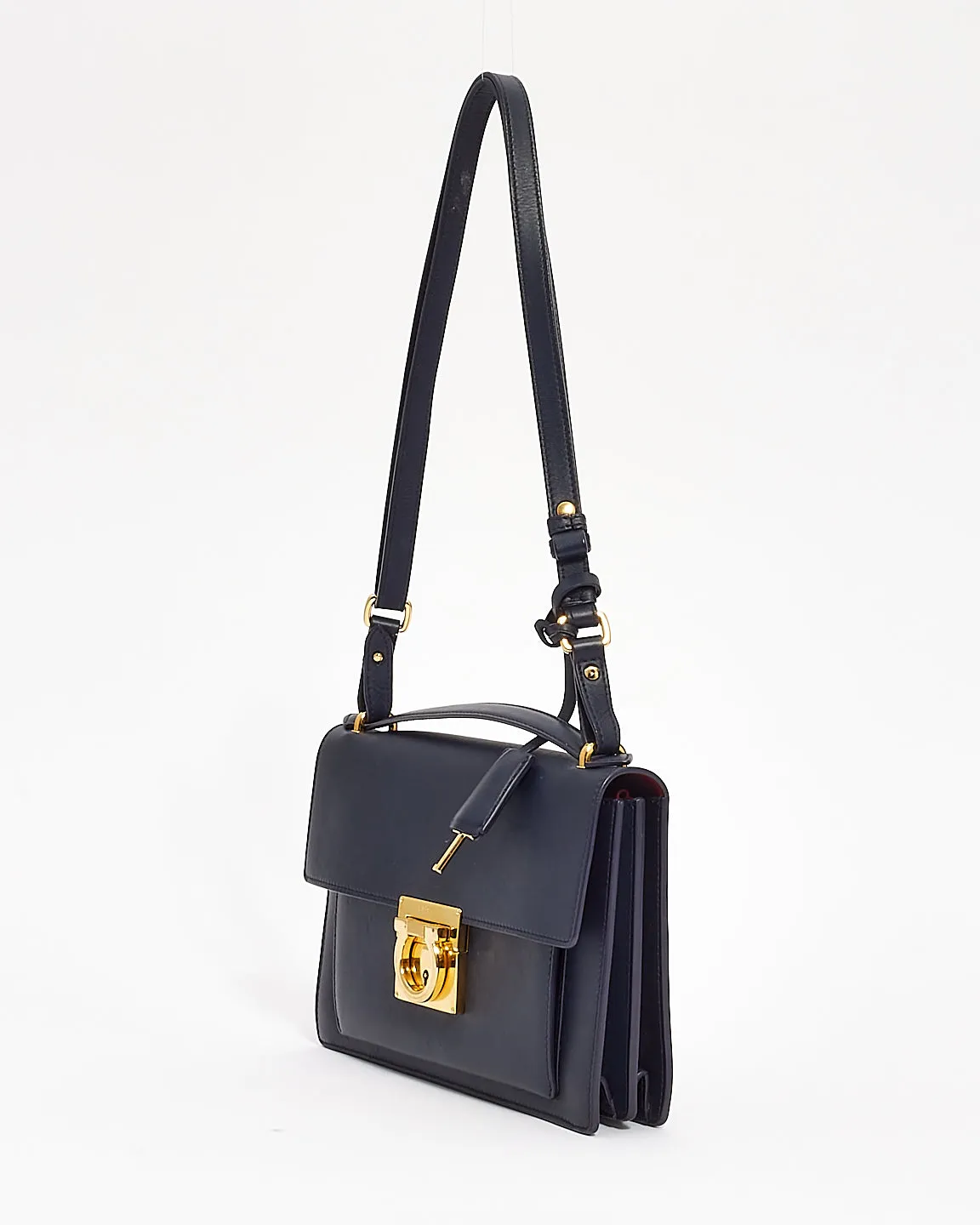 Salvatore Ferragamo Navy Blue Smooth Calfskin Leather Gancini Marisol Satchel