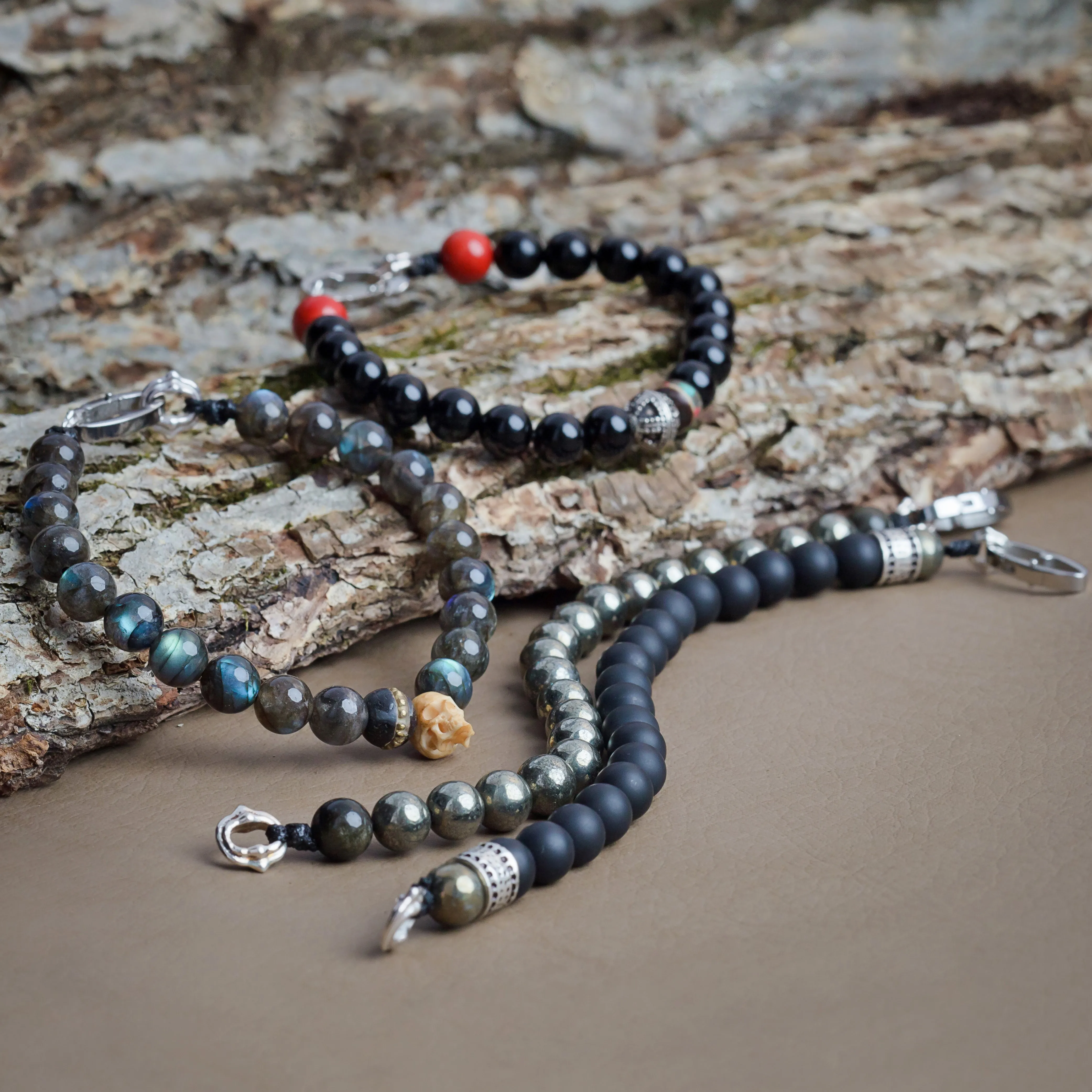 Scott Mikolay Grey Wood and Rudraksha Beaded Men's Bracelet