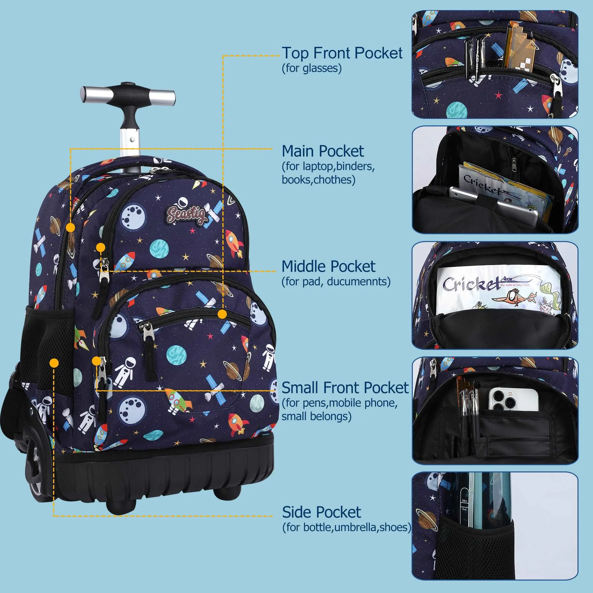 seastig 16 inch Navyblue Space Rolling Backpack for Kids