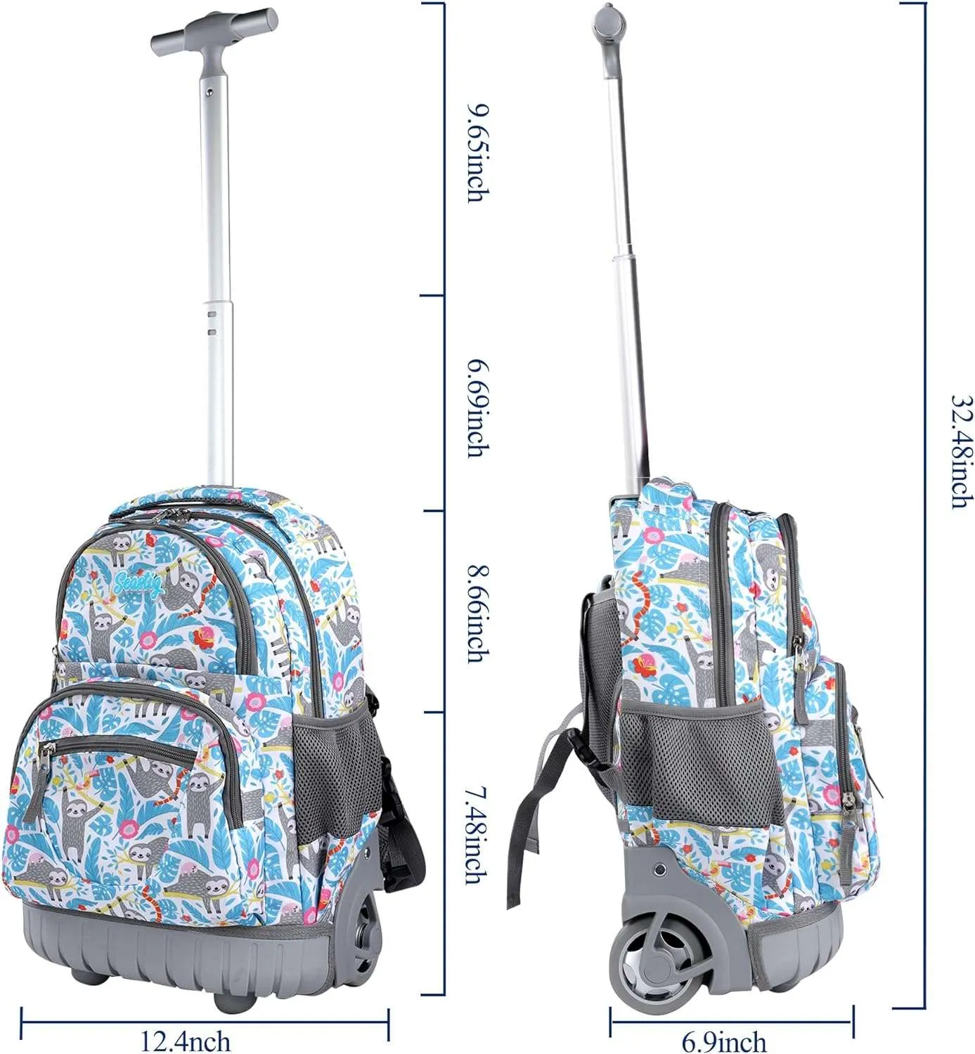 seastig Blue Sloth Rolling Backpack 16 inch with Lunch Bag & Pencil Case Set