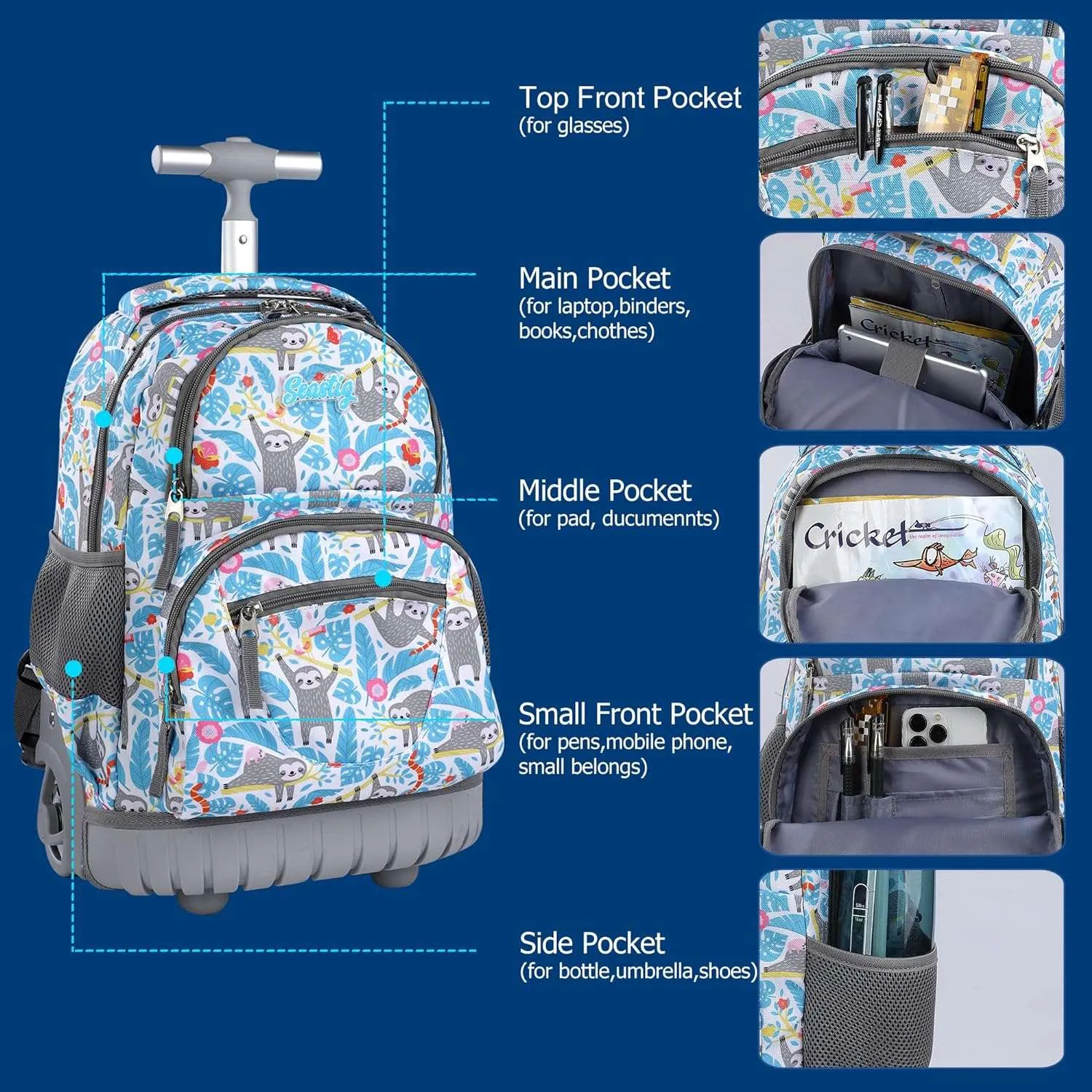 seastig Blue Sloth Rolling Backpack 16 inch with Lunch Bag & Pencil Case Set