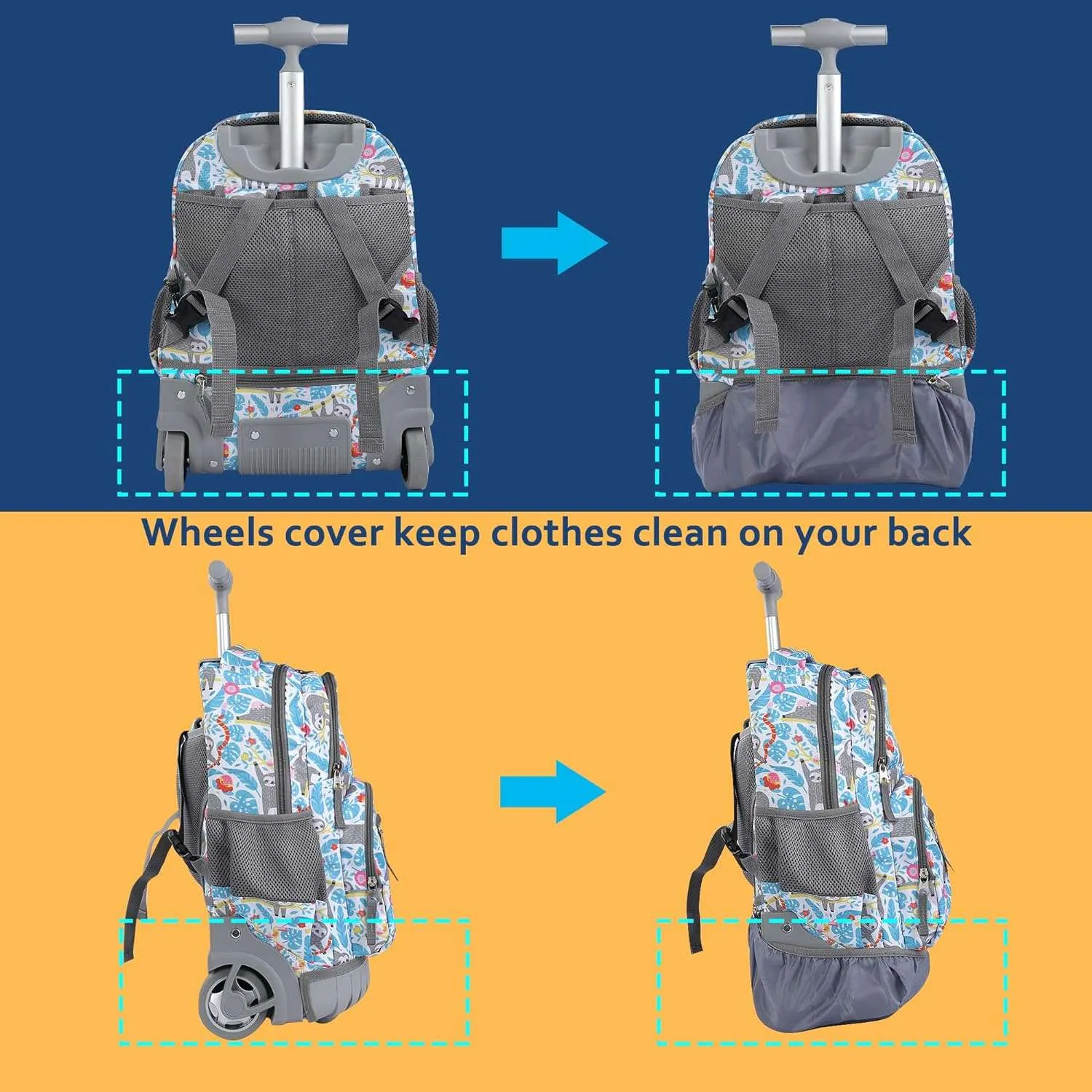seastig Blue Sloth Rolling Backpack 16 inch with Lunch Bag & Pencil Case Set