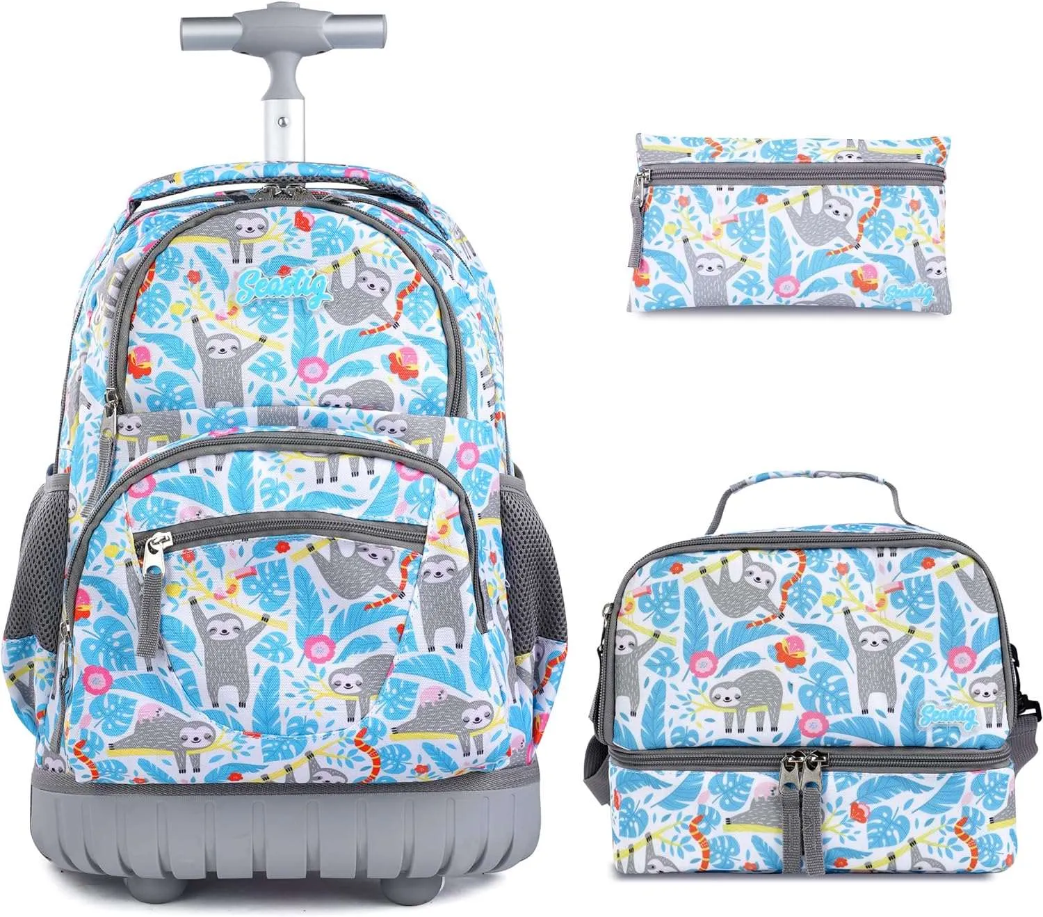seastig Blue Sloth Rolling Backpack 16 inch with Lunch Bag & Pencil Case Set