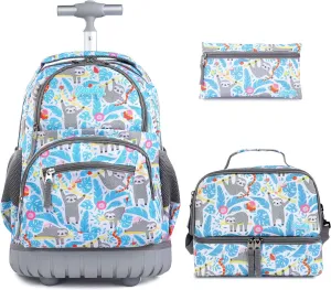 seastig Blue Sloth Rolling Backpack 16 inch with Lunch Bag & Pencil Case Set