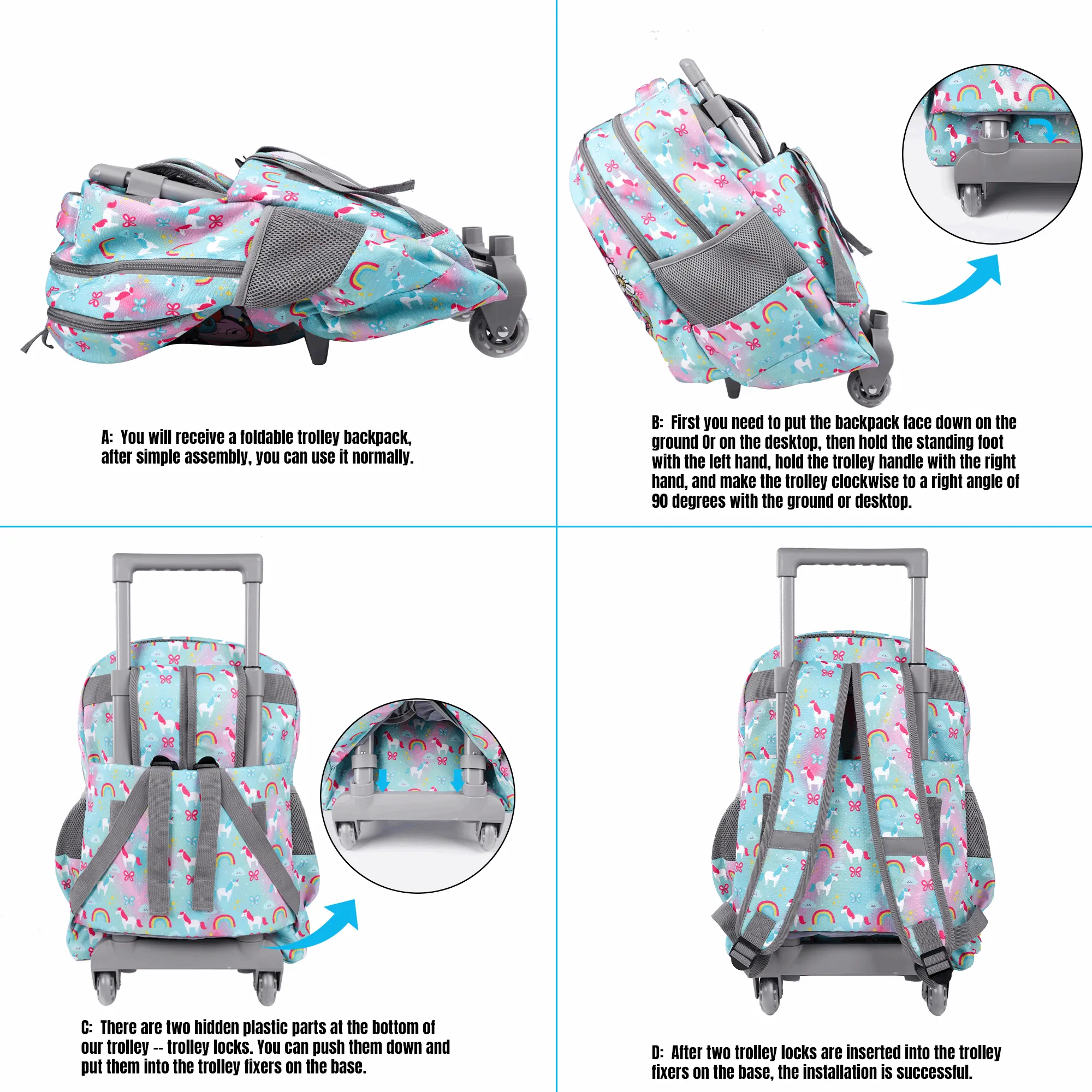 Seastig Unicorn 18 inch Double Handle Rolling Backpack for Kids