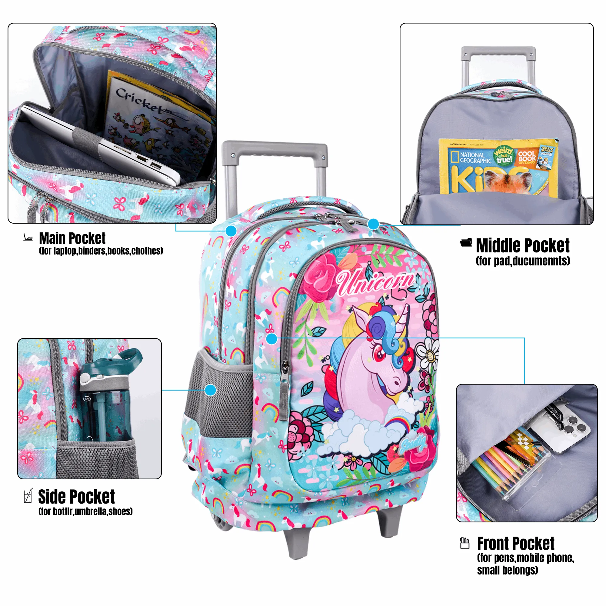 Seastig Unicorn 18 inch Double Handle Rolling Backpack for Kids
