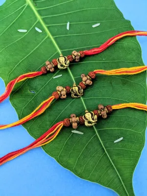 (Set of 3) Designer Rakhi with Gold Plated Ganpati Bappa Rudraksha Tulsi Beads Thread Rakhi