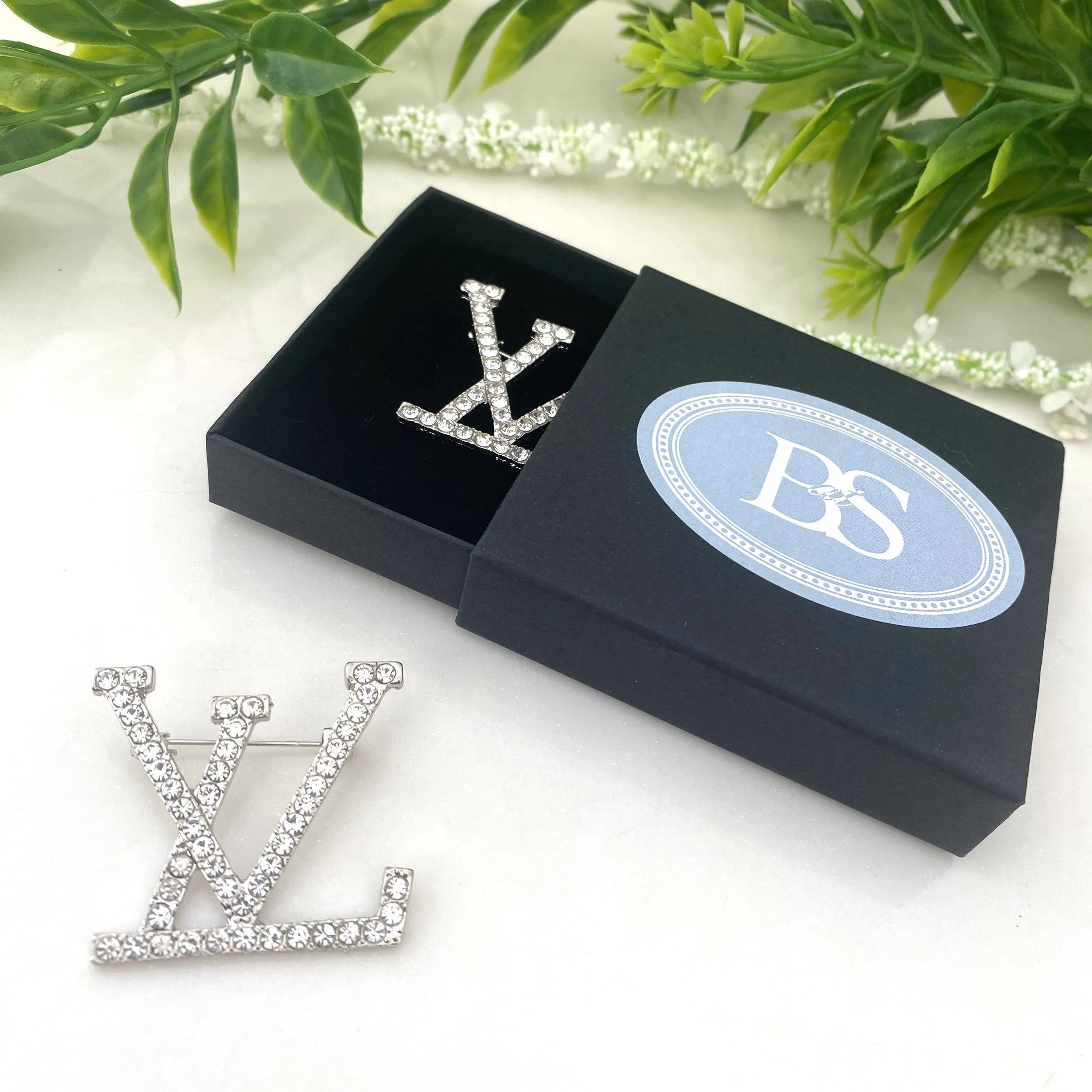 Silver LV Sparkly Brooch