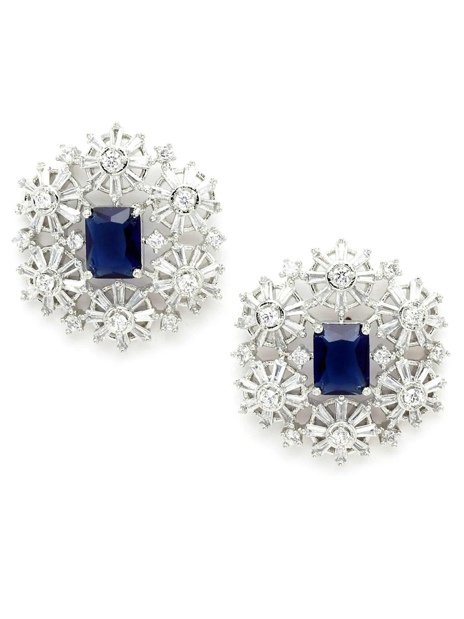 Silver Tone Blue Floral American Diamond Drop Earrings for Women