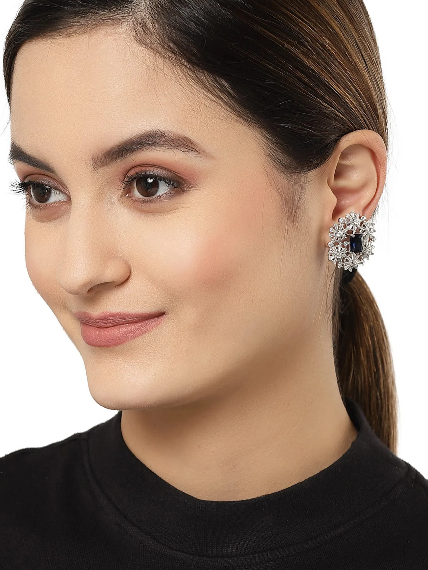 Silver Tone Blue Floral American Diamond Drop Earrings for Women