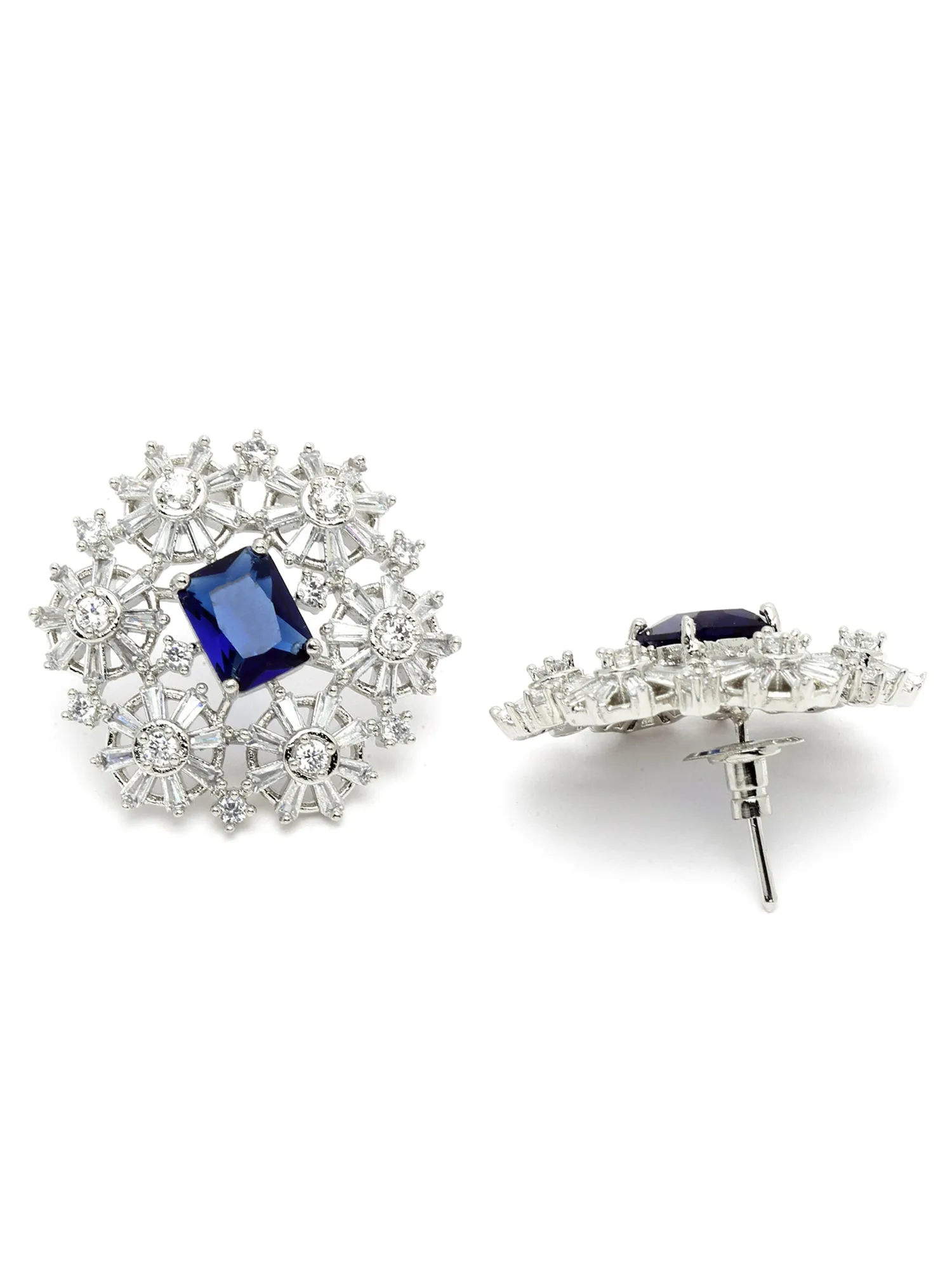 Silver Tone Blue Floral American Diamond Drop Earrings for Women