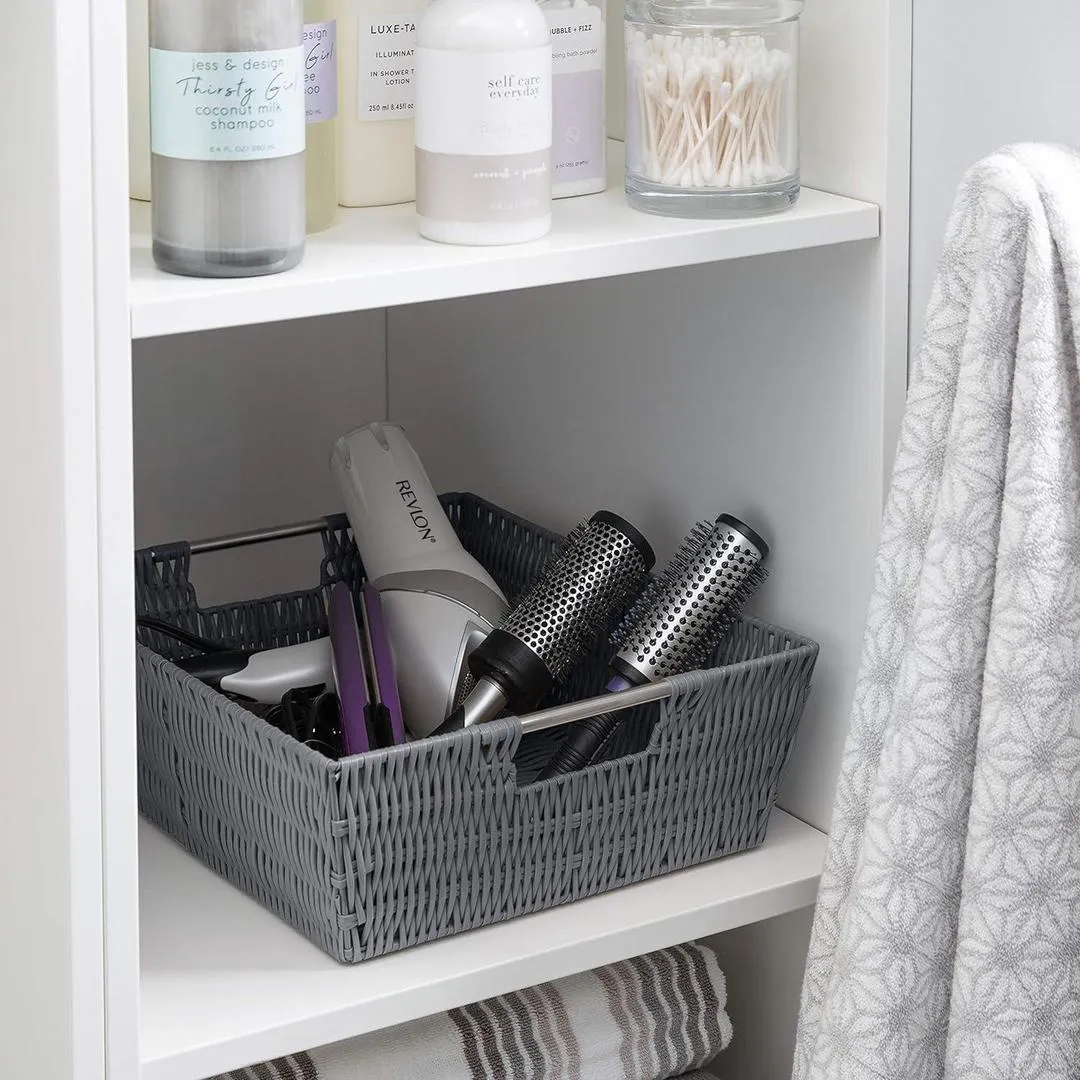 Simplify Large Shelf Storage Rattan Tote Basket in Charcoal
