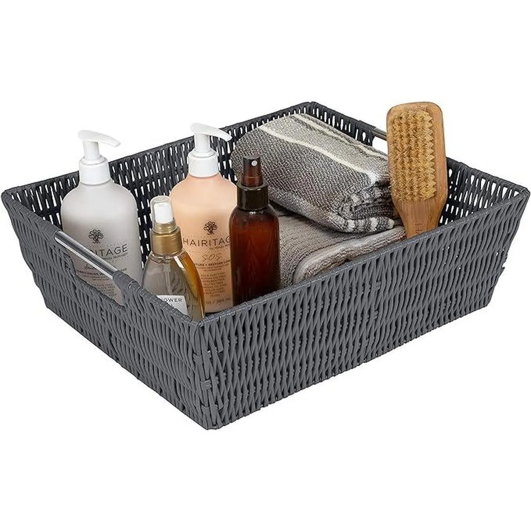 Simplify Large Shelf Storage Rattan Tote Basket in Charcoal