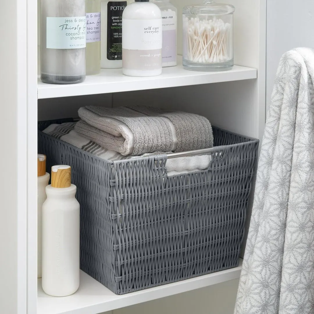 Simplify Medium Rattan Storage Tote Basket in Charcoal