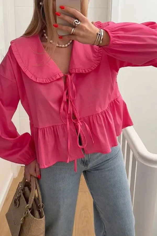 Solid Color Lace-Up Long Sleeve Cardigan Shirt