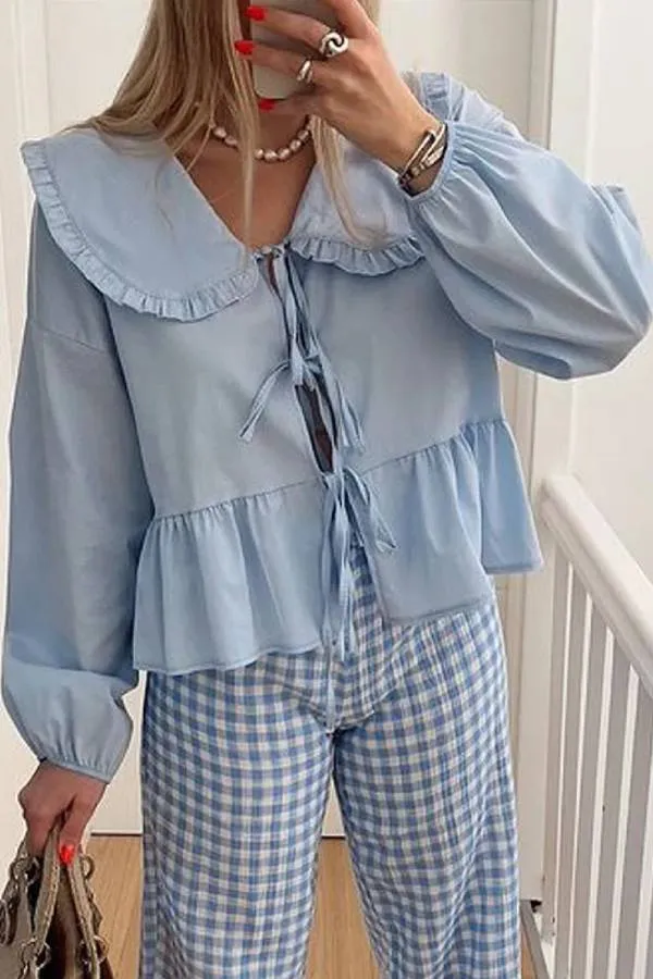 Solid Color Lace-Up Long Sleeve Cardigan Shirt