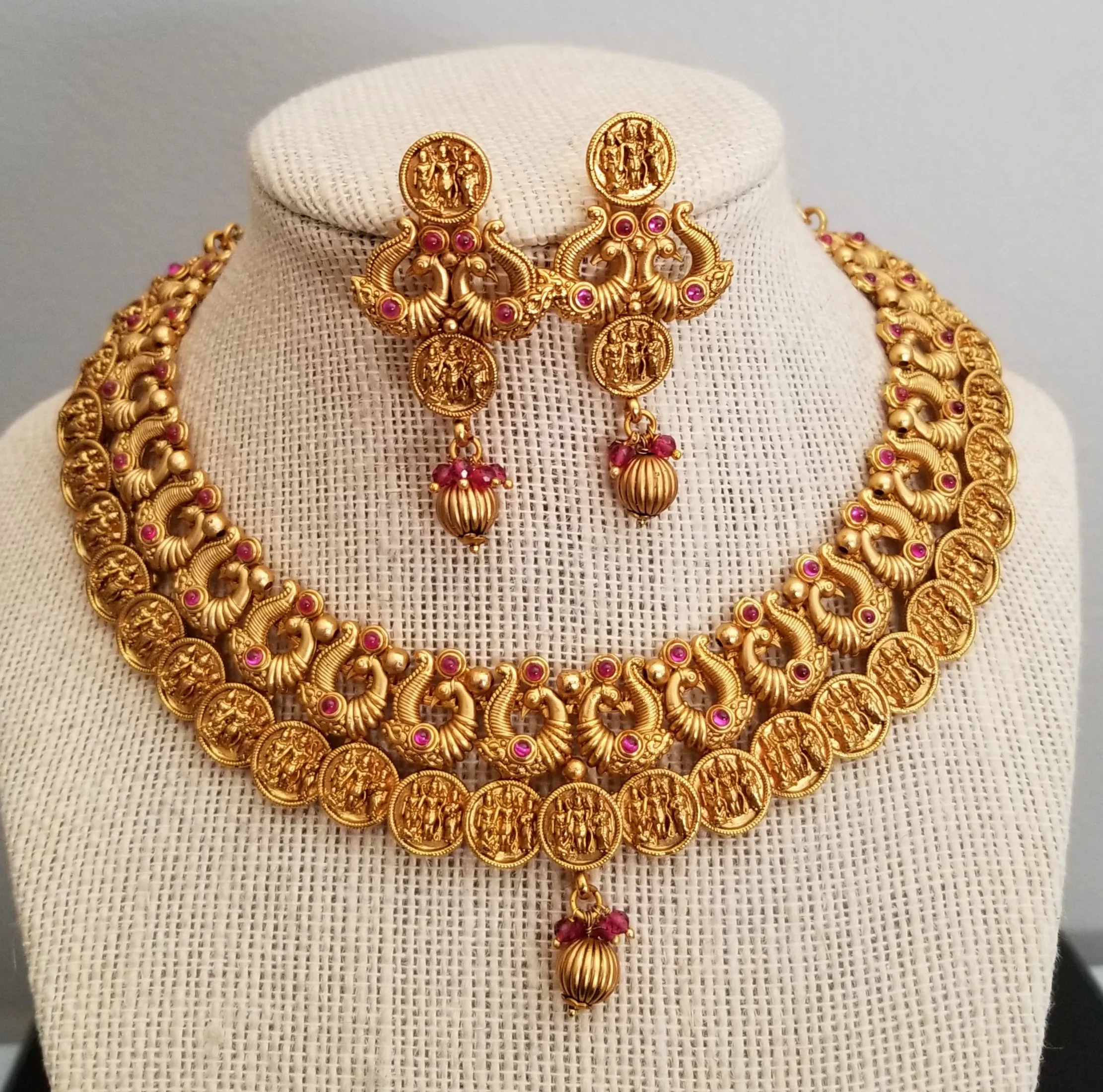 South Indian Traditional Ram Parivar Peacock Necklace Set With Matte Gold Finish JT17