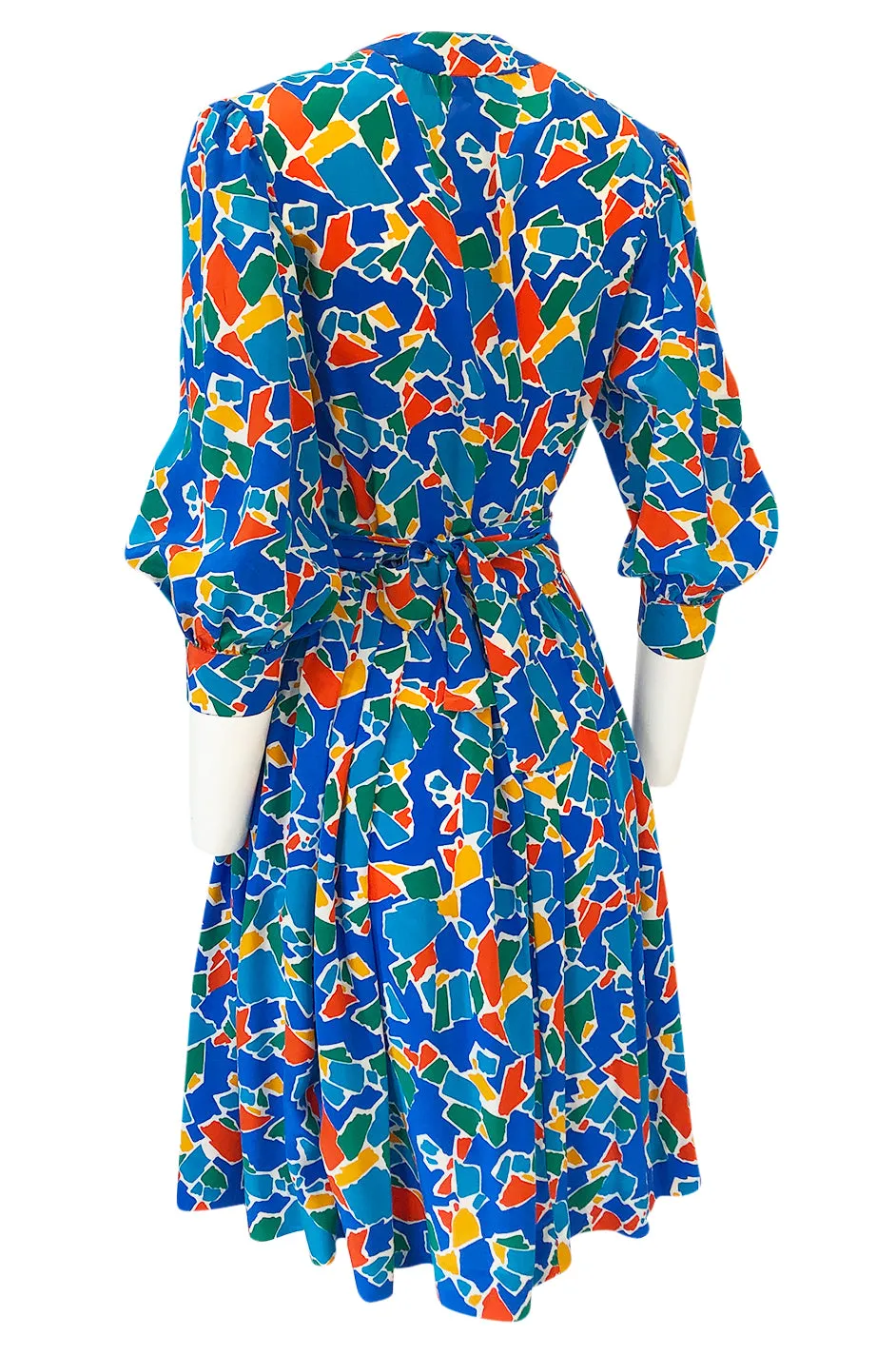 Spring 1983 Yves Saint Laurent Silk Multi Color Print on Blue Dress