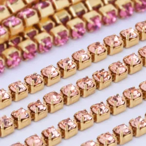 SS6 Champagne Rhinestone Chain Various Colors Crystal Compact Close Gold Chain wedding DIYs 3.6Meters