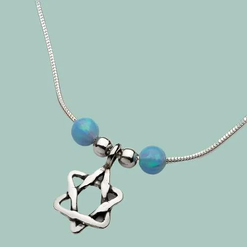 Star of David Necklace , Sterling silver necklace with blue opals
