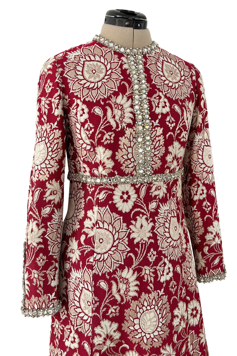 Stunning 1970s Adele Simpson Red & Gold Brocade Dress w Rhinestone Detailing