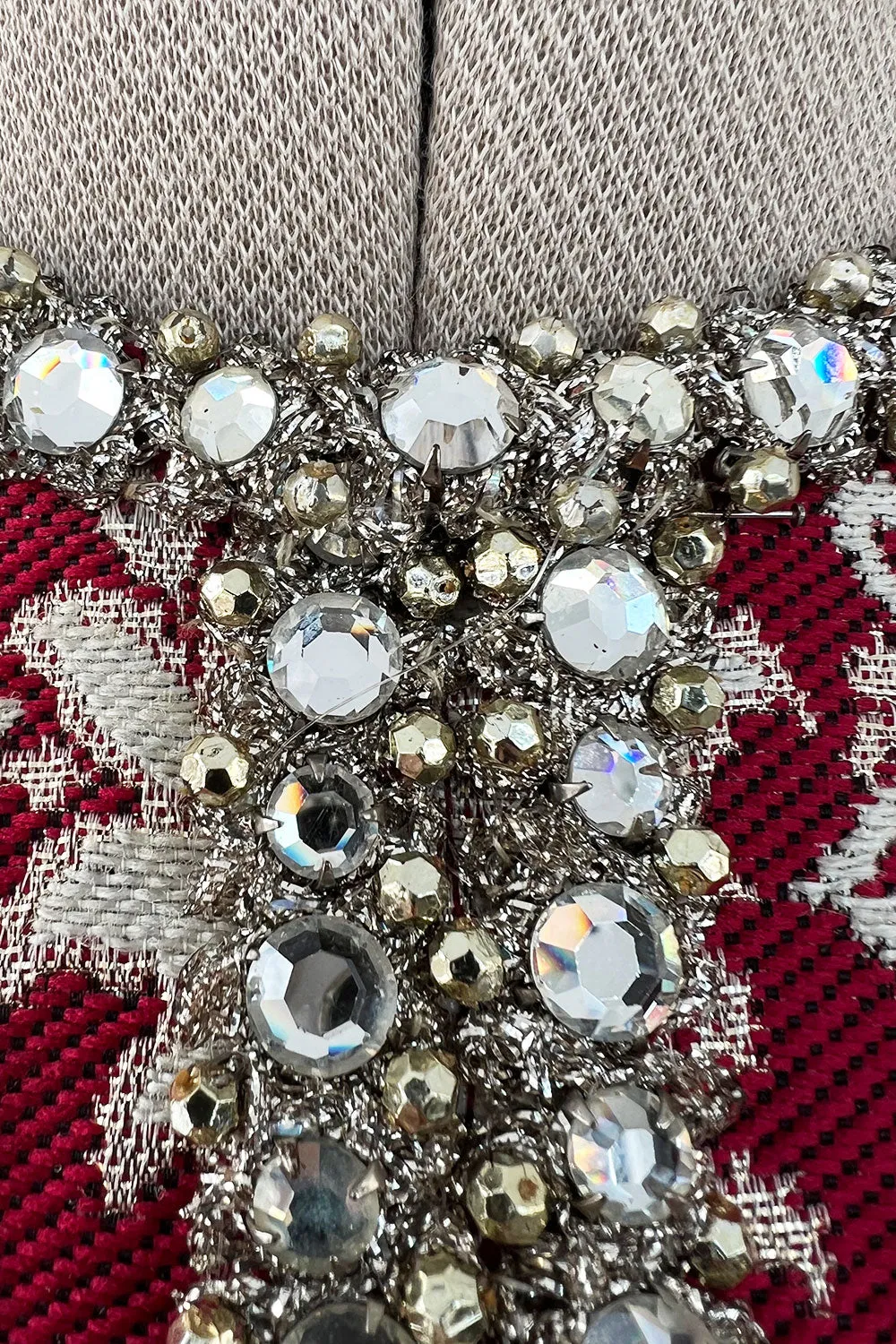 Stunning 1970s Adele Simpson Red & Gold Brocade Dress w Rhinestone Detailing