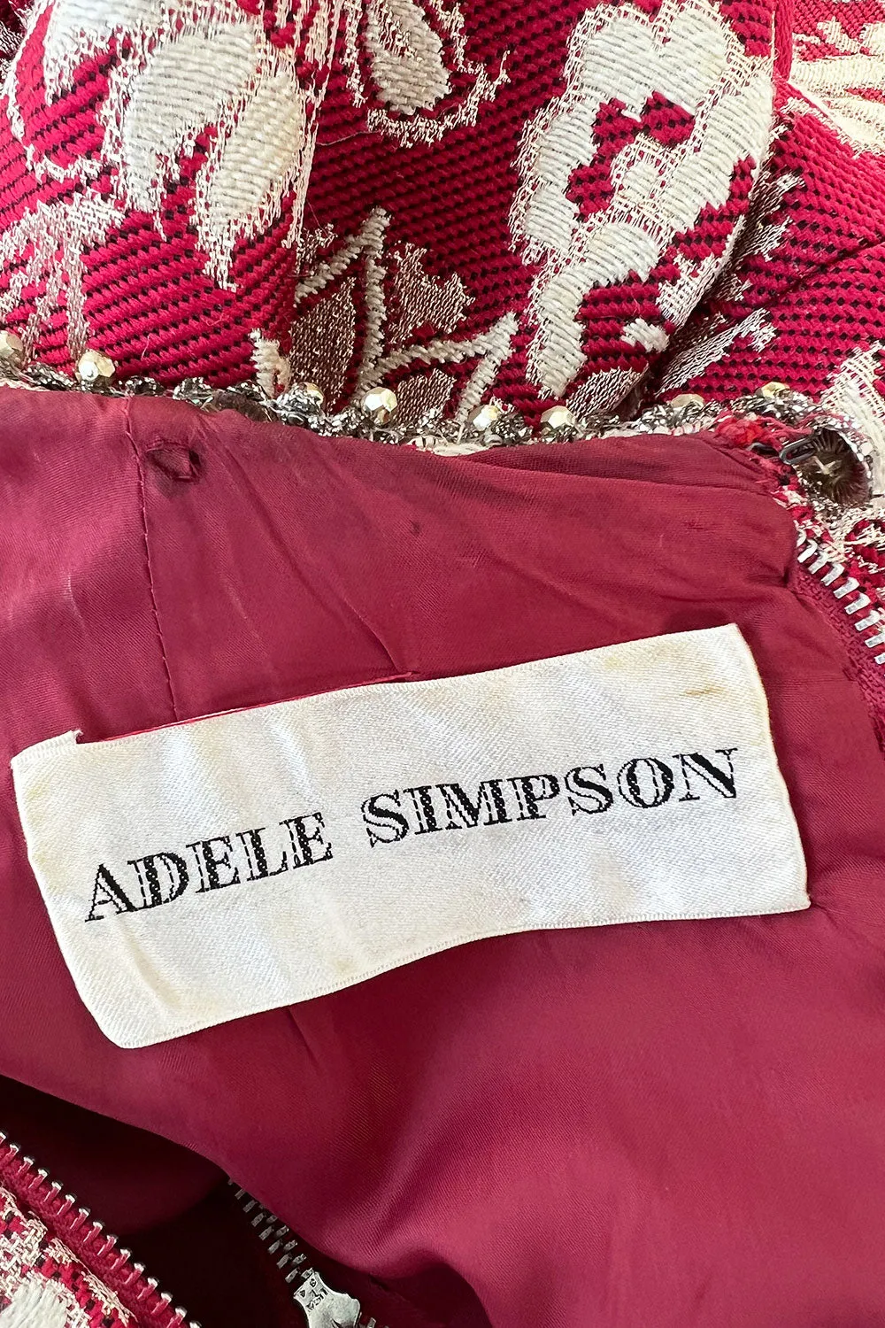 Stunning 1970s Adele Simpson Red & Gold Brocade Dress w Rhinestone Detailing