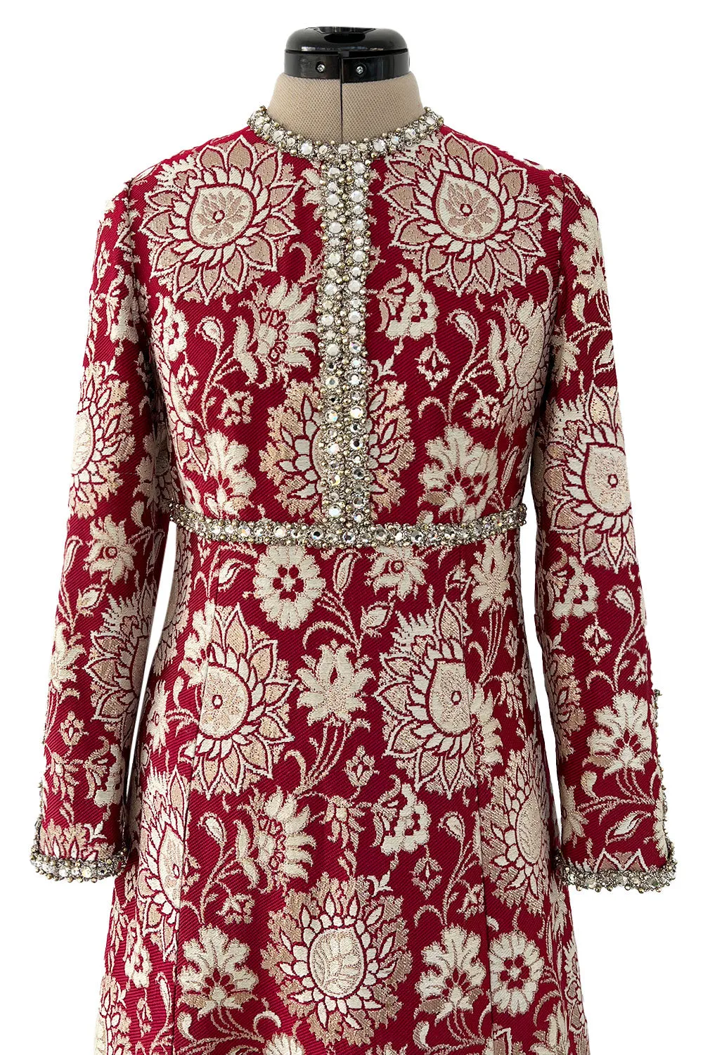 Stunning 1970s Adele Simpson Red & Gold Brocade Dress w Rhinestone Detailing