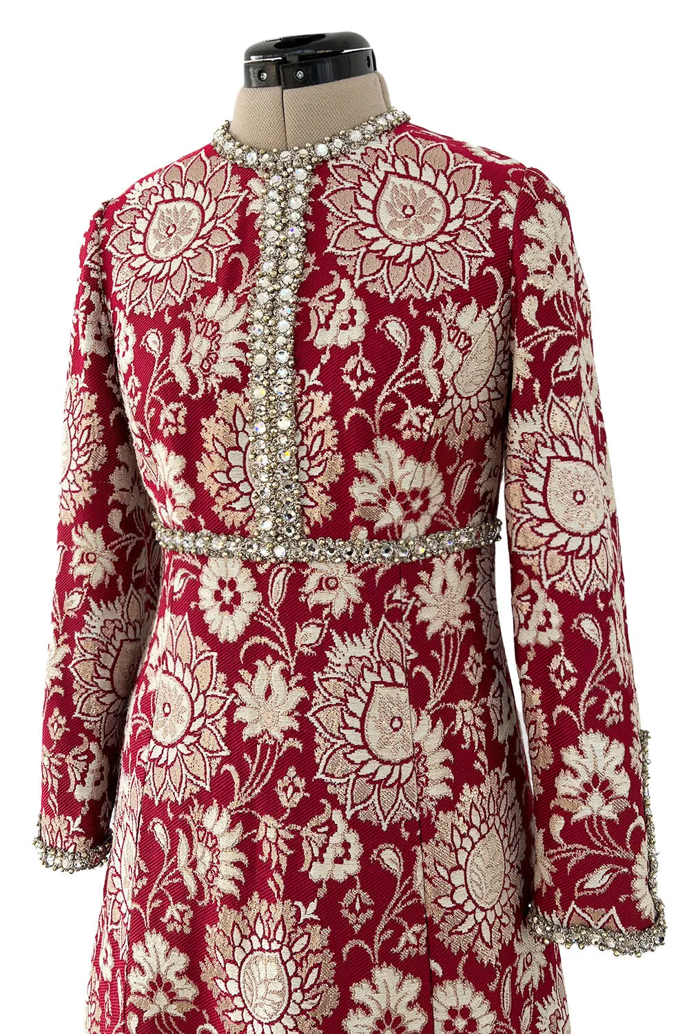 Stunning 1970s Adele Simpson Red & Gold Brocade Dress w Rhinestone Detailing