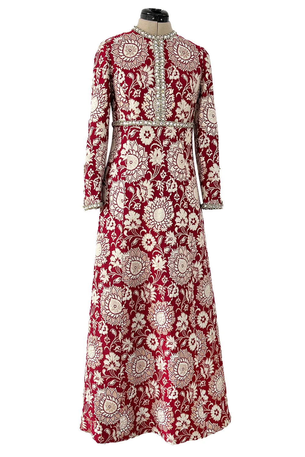 Stunning 1970s Adele Simpson Red & Gold Brocade Dress w Rhinestone Detailing