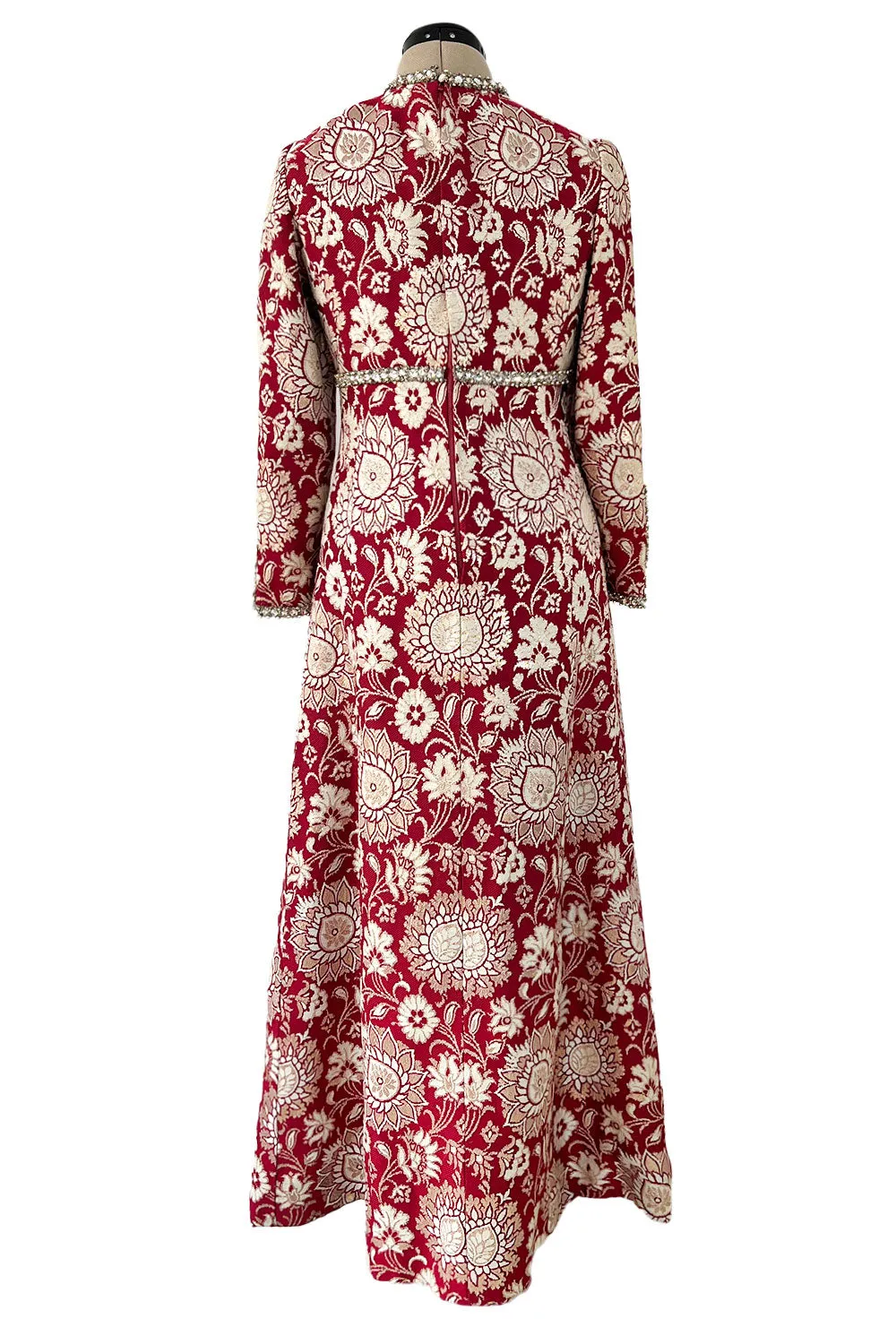 Stunning 1970s Adele Simpson Red & Gold Brocade Dress w Rhinestone Detailing