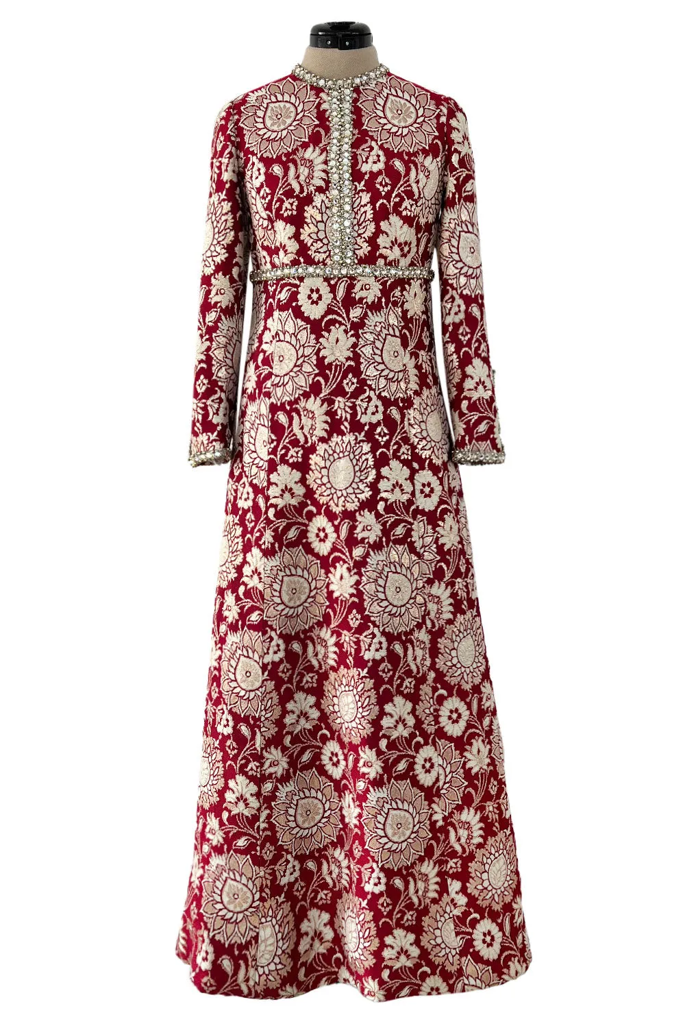 Stunning 1970s Adele Simpson Red & Gold Brocade Dress w Rhinestone Detailing