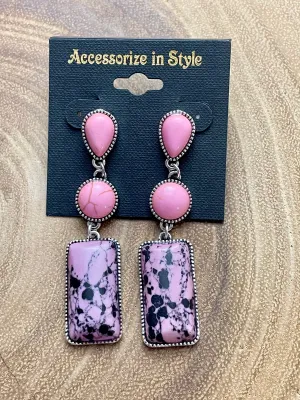 Teardrop, Round, Bar Post Earrings - Pink