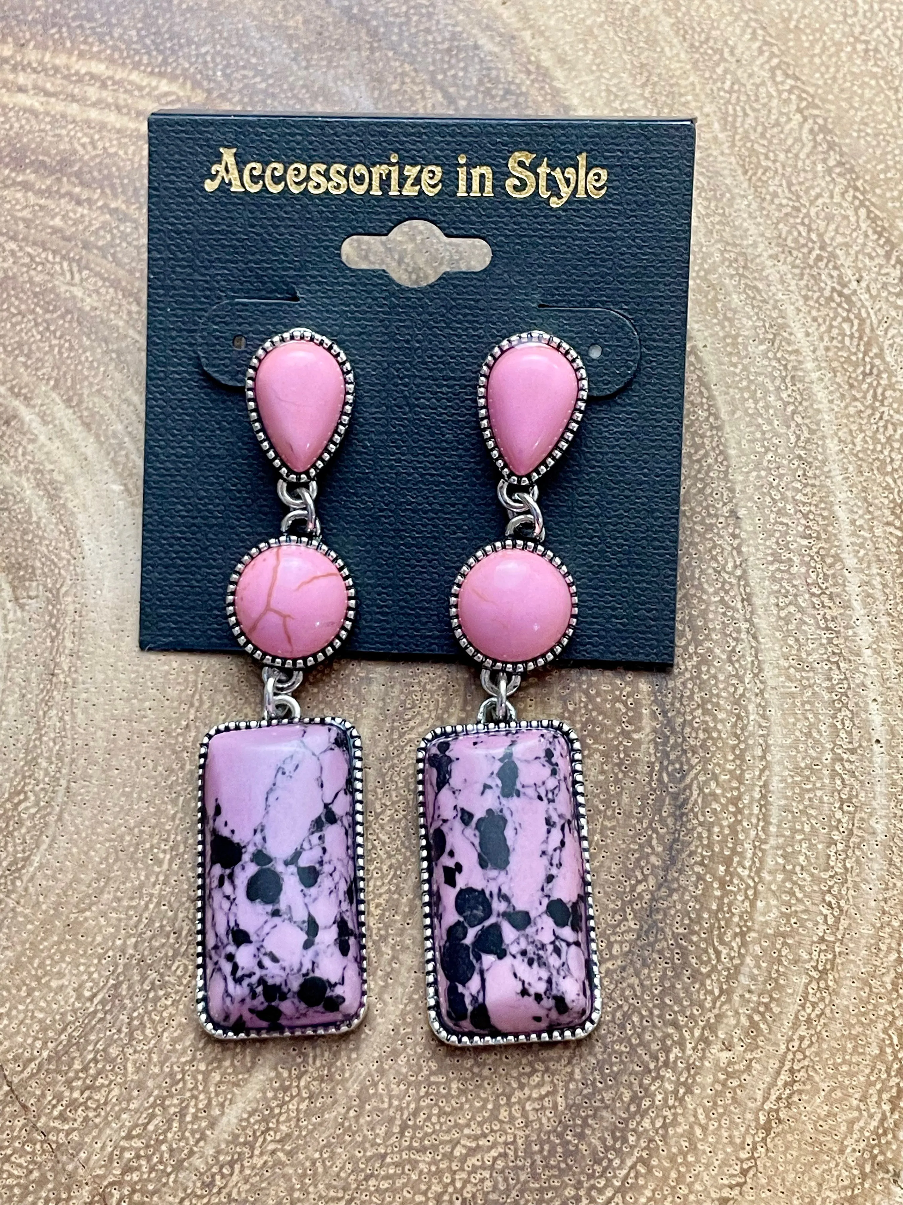 Teardrop, Round, Bar Post Earrings - Pink