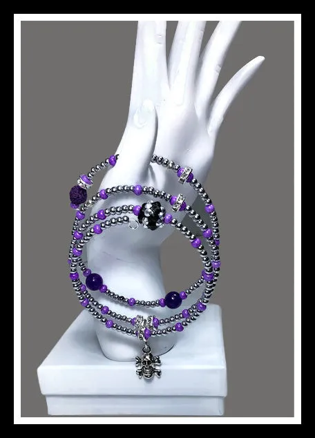 THE SILVER SKULL COIL WRAP DIFFUSER BRACELET, beaded wrap, amethyst stone, purple lava rock, woman's size
