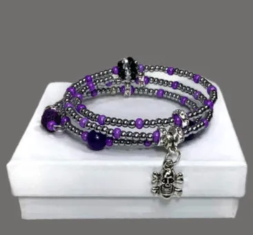 THE SILVER SKULL COIL WRAP DIFFUSER BRACELET, beaded wrap, amethyst stone, purple lava rock, woman's size