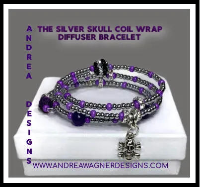 THE SILVER SKULL COIL WRAP DIFFUSER BRACELET, beaded wrap, amethyst stone, purple lava rock, woman's size