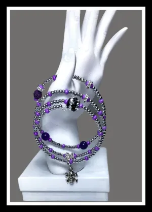 THE SILVER SKULL COIL WRAP DIFFUSER BRACELET, beaded wrap, amethyst stone, purple lava rock, woman's size