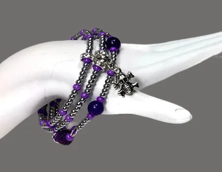 THE SILVER SKULL COIL WRAP DIFFUSER BRACELET, beaded wrap, amethyst stone, purple lava rock, woman's size