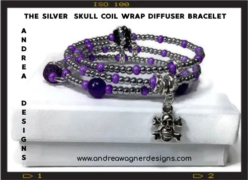 THE SILVER SKULL COIL WRAP DIFFUSER BRACELET, beaded wrap, amethyst stone, purple lava rock, woman's size