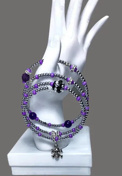 THE SILVER SKULL COIL WRAP DIFFUSER BRACELET, beaded wrap, amethyst stone, purple lava rock, woman's size