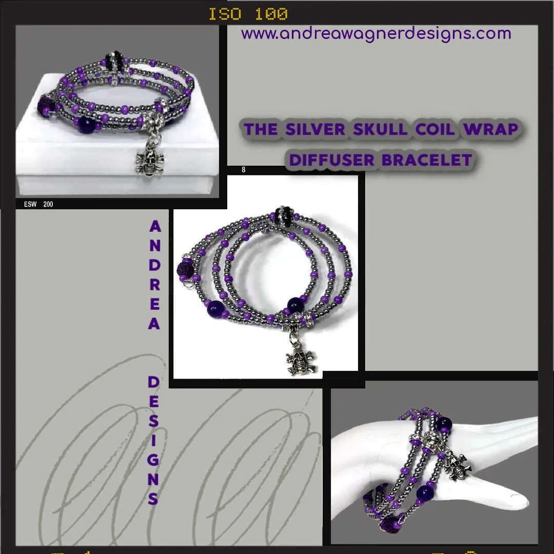 THE SILVER SKULL COIL WRAP DIFFUSER BRACELET, beaded wrap, amethyst stone, purple lava rock, woman's size