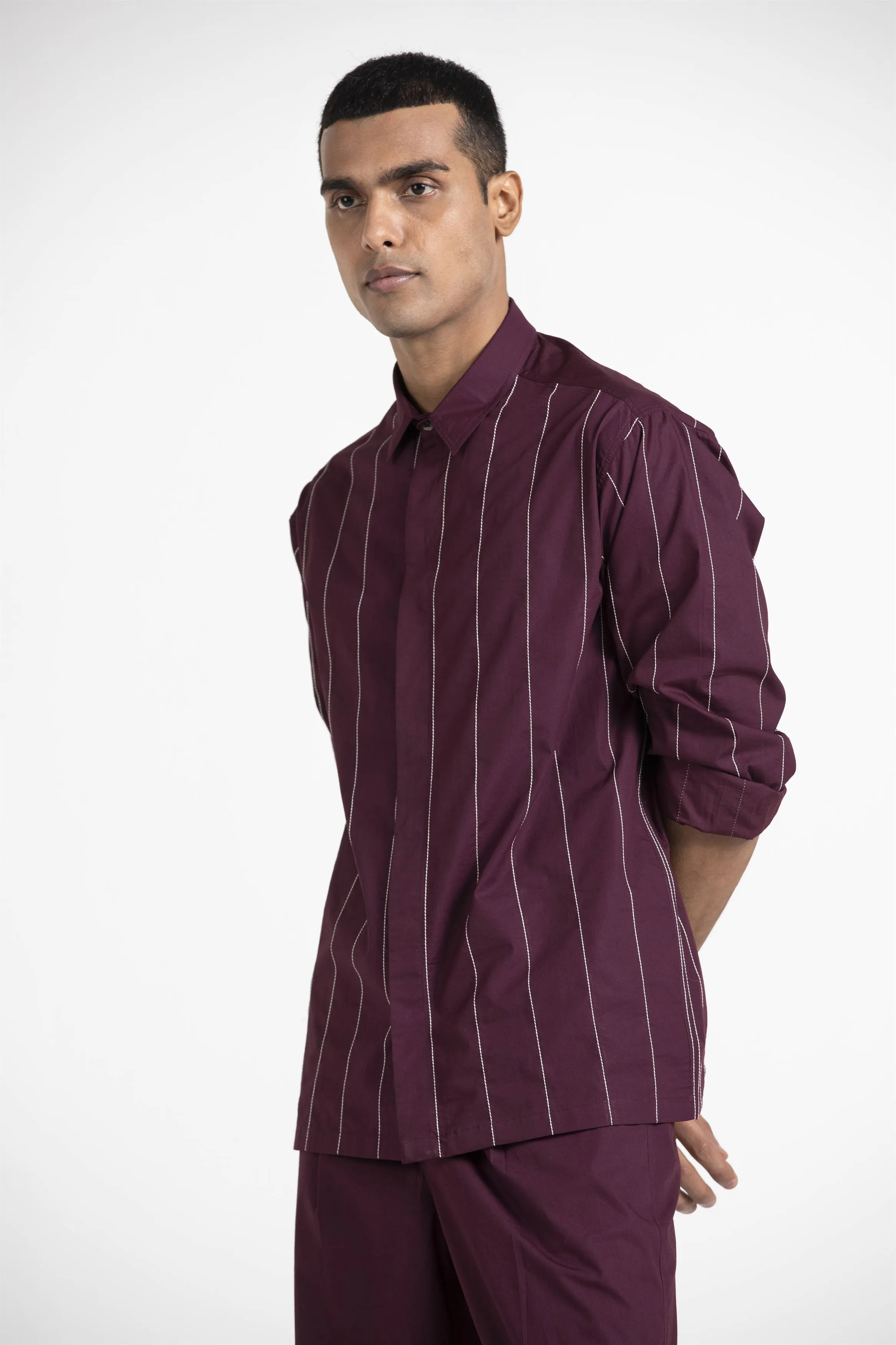 THREE   -   Linear Embroidered Shirt - Wine