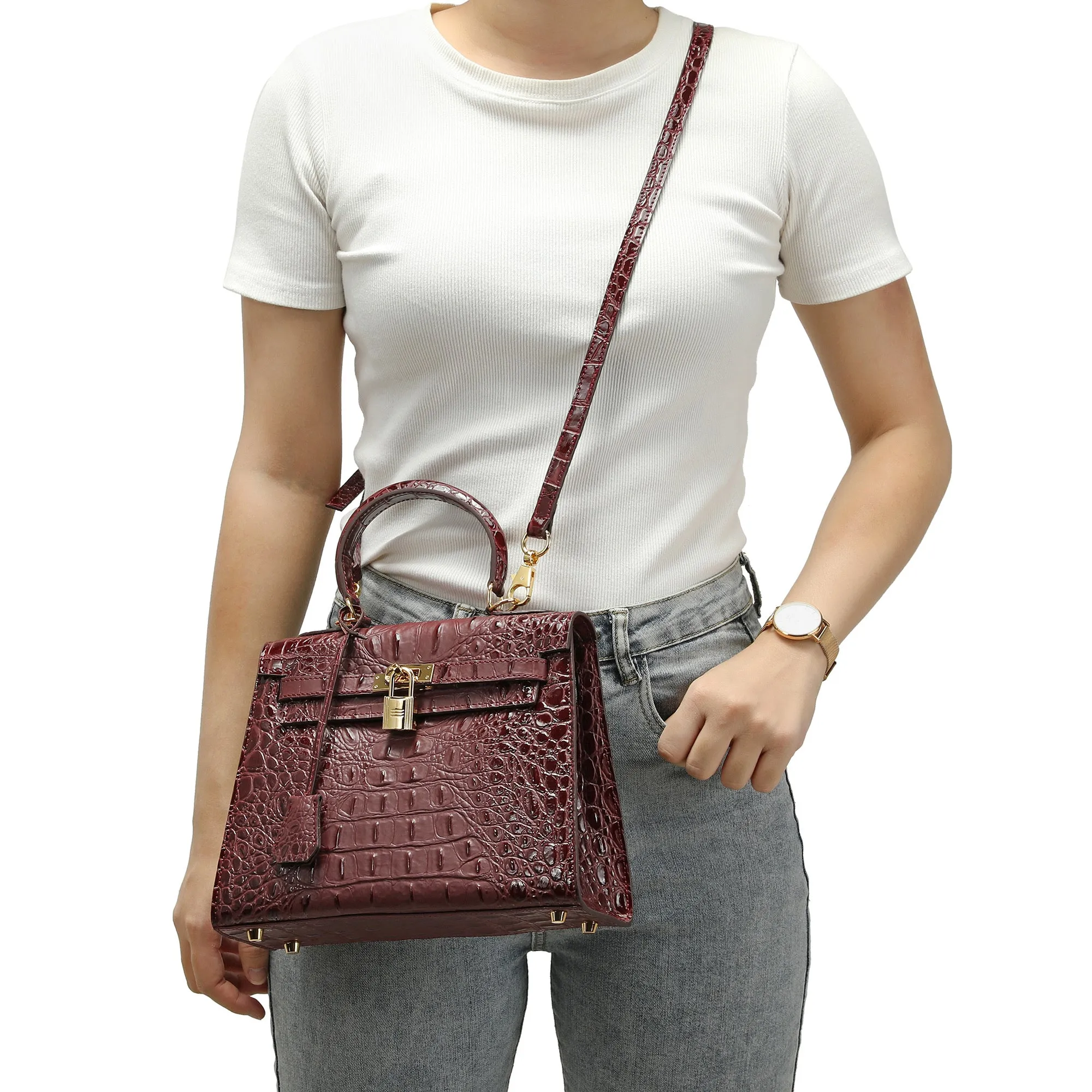 Tiffany & Fred Alligator Embossed Leather Satchel/Shoulder Bag