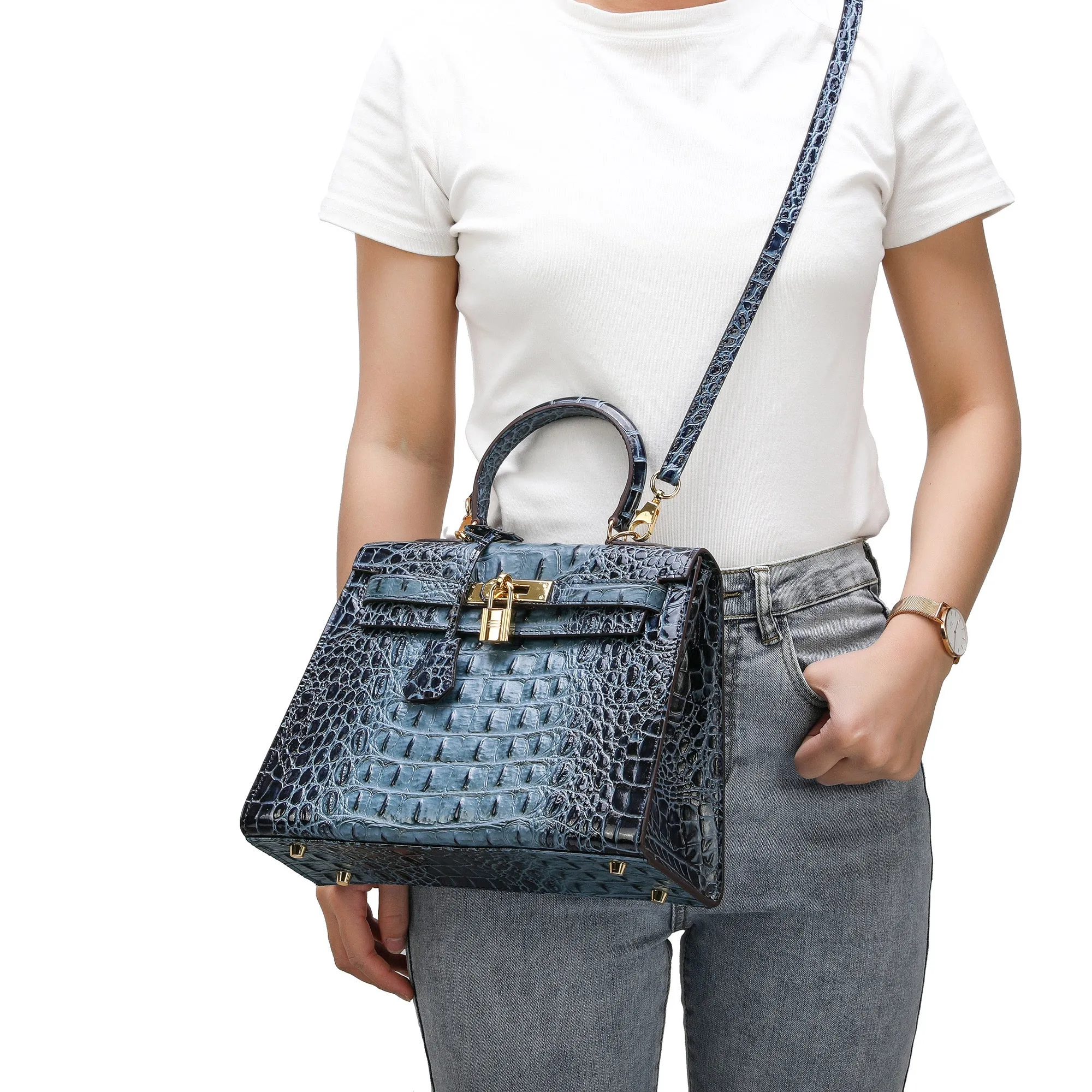 Tiffany & Fred Alligator Embossed Leather Satchel/Shoulder Bag