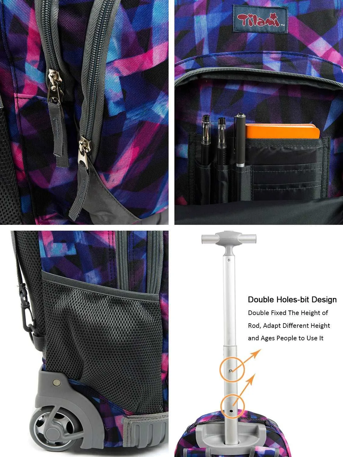 Tilami 18-inch Purple Cloth Strip Rolling Backpack for Kids