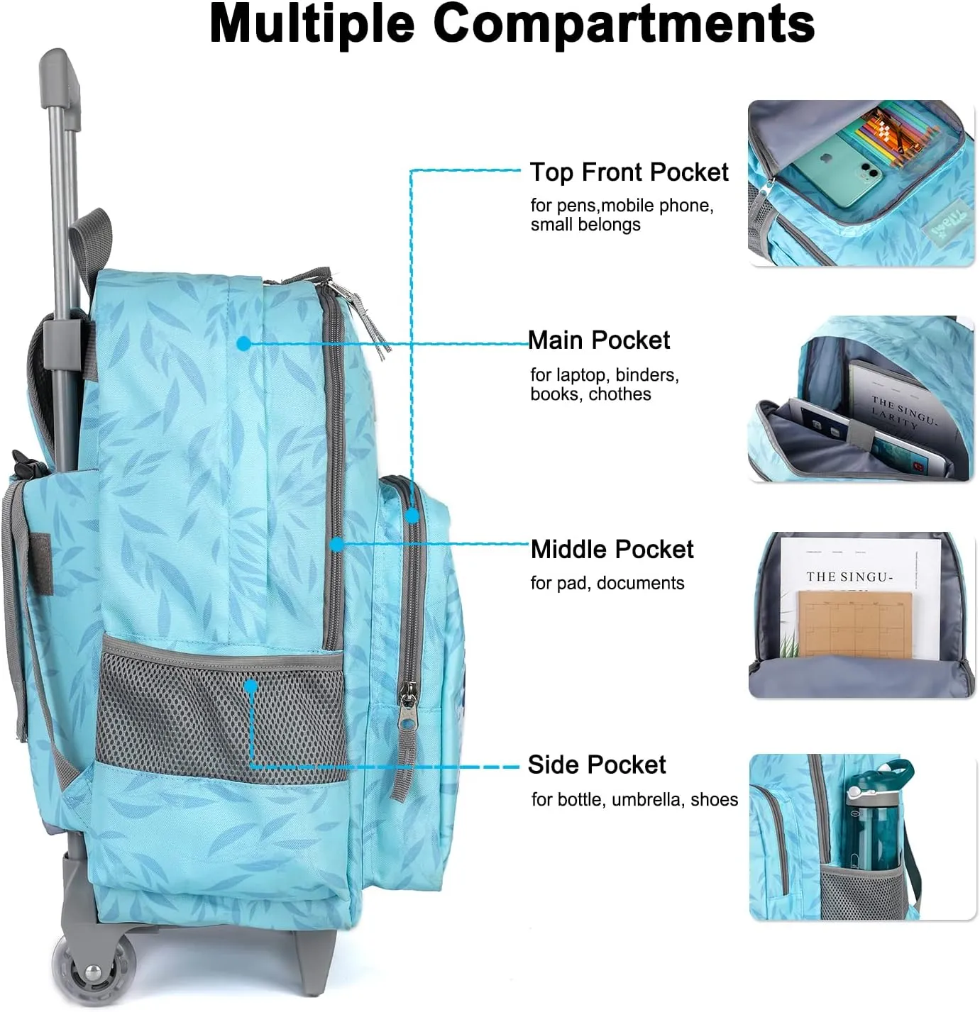 Tilami Blue Koala Double Handle Rolling Backpack 18 inch with Lunch Bag