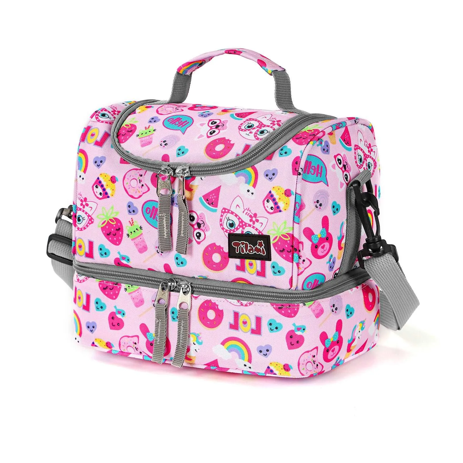 Tilami Pink Cat Rolling Backpack 18 inch with Lunch Bag